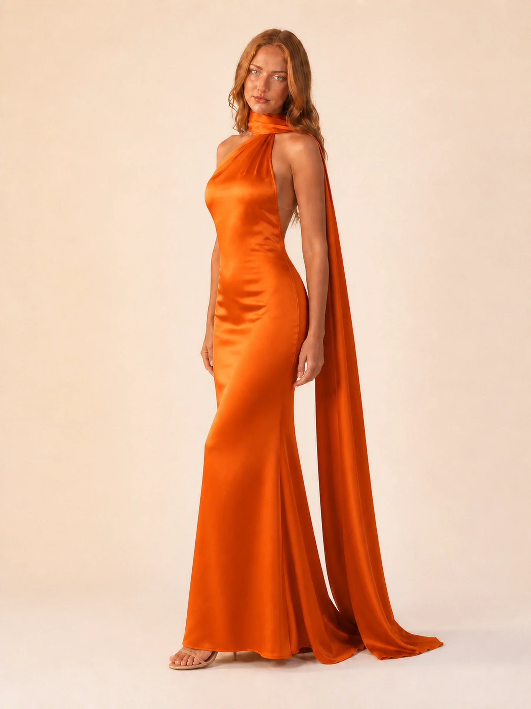Satin Halter Dress Margot Rose - Orange - three quarter