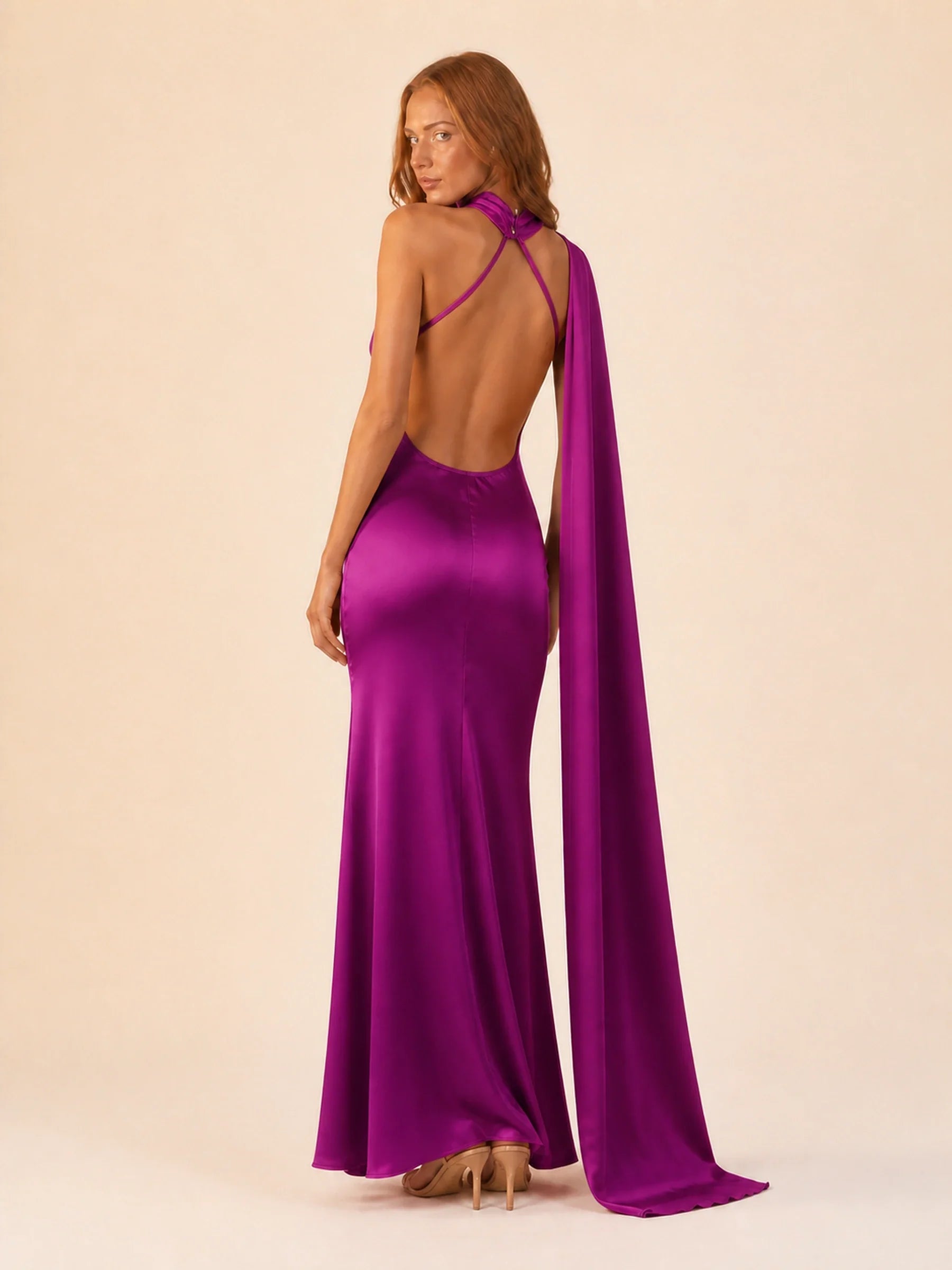 Satin Halter Dress Margot Rose - Purple - back
