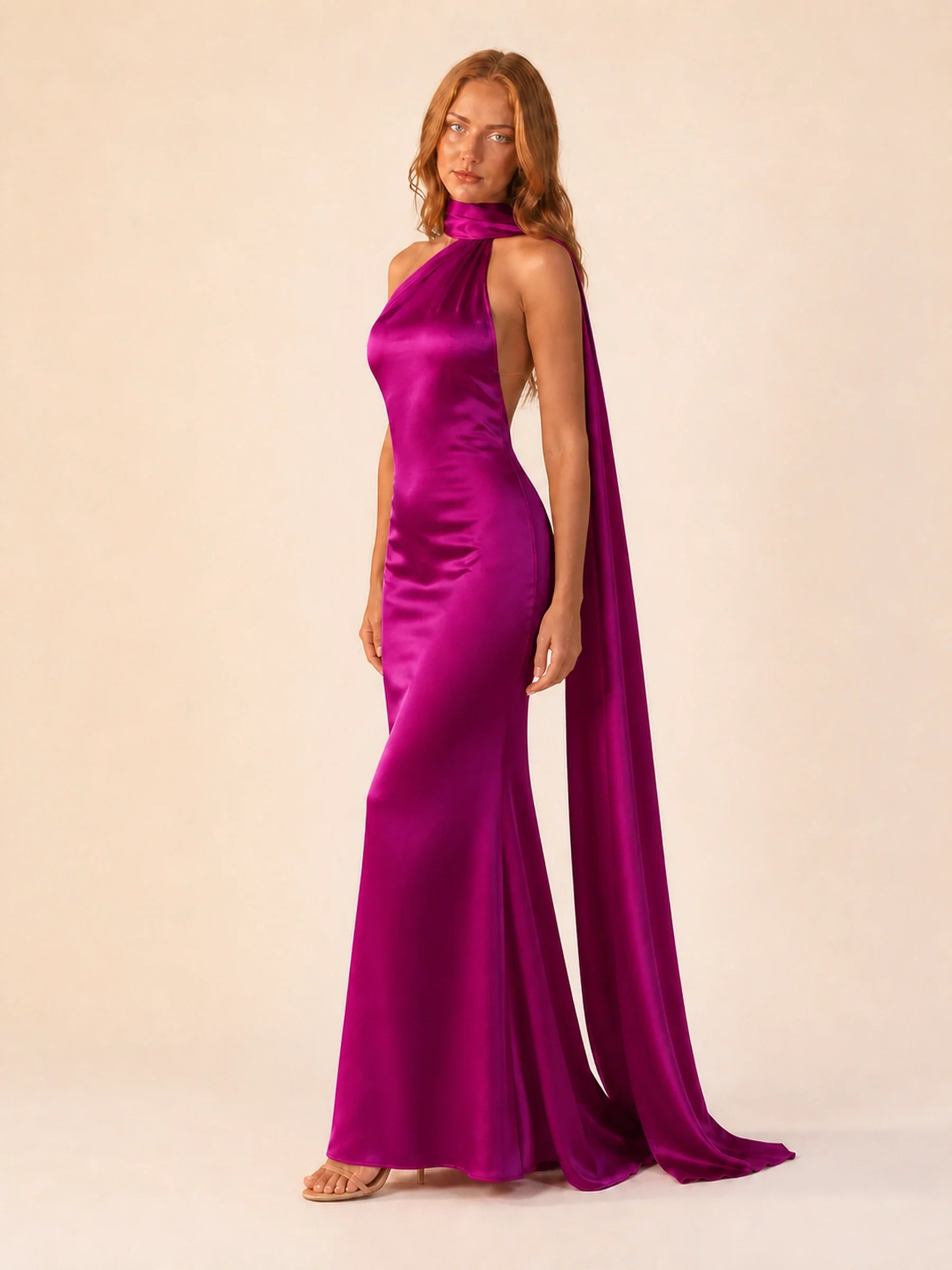 Satin Halter Dress Margot Rose - Purple - three quarter