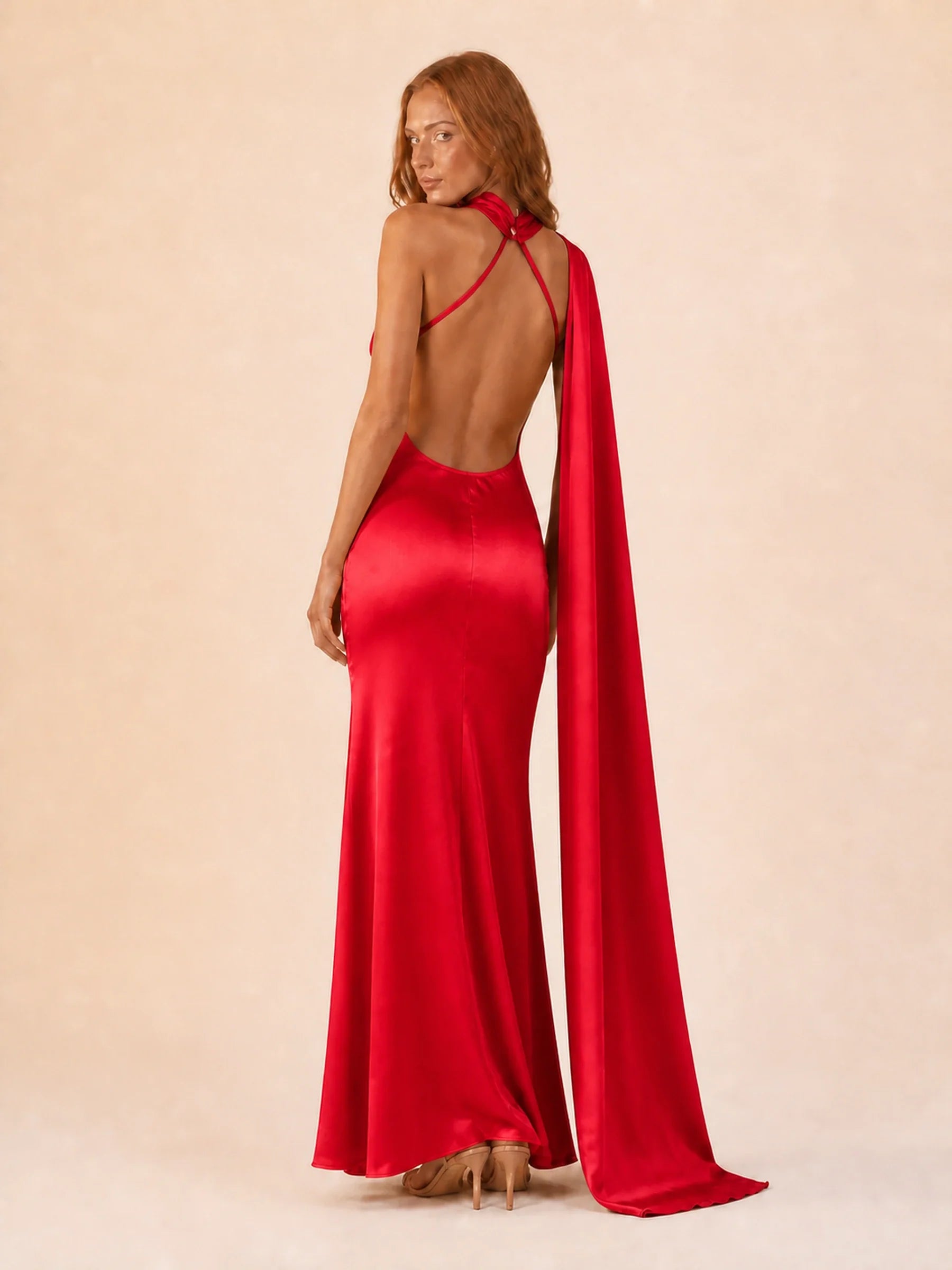 Satin Halter Dress Margot Rose - Red - back