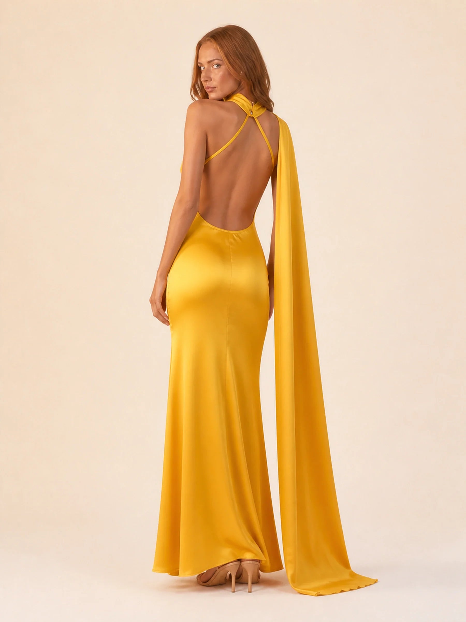 Satin Halter Dress Margot Rose - Yellow - back