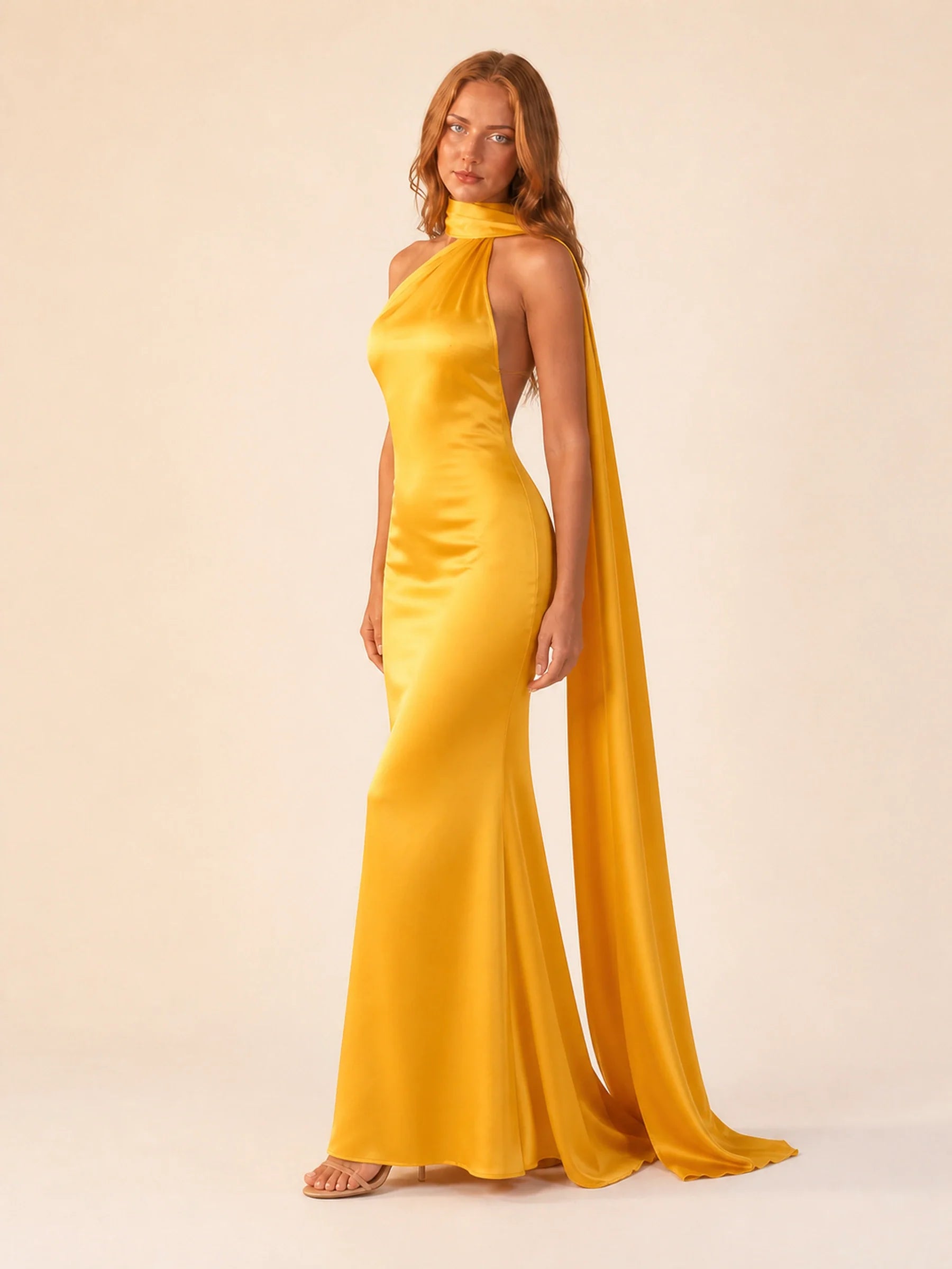 Satin Halter Dress Margot Rose - Yellow - three quarter