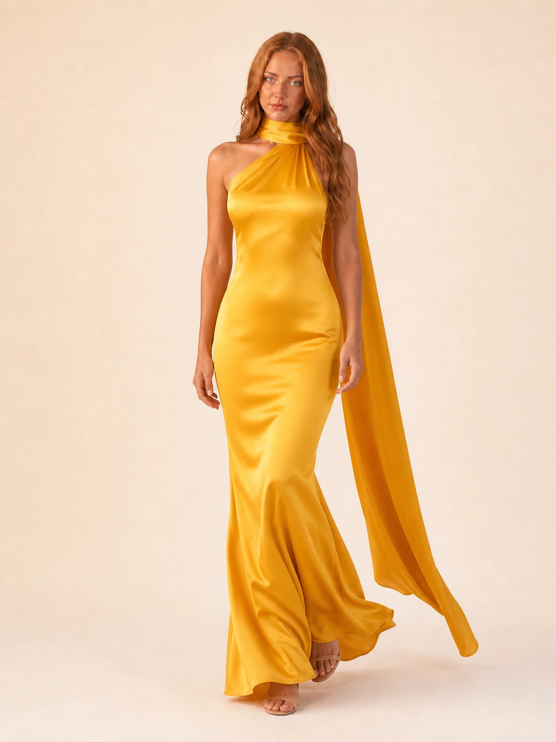 Satin Halter Dress Margot Rose - Yellow - walking