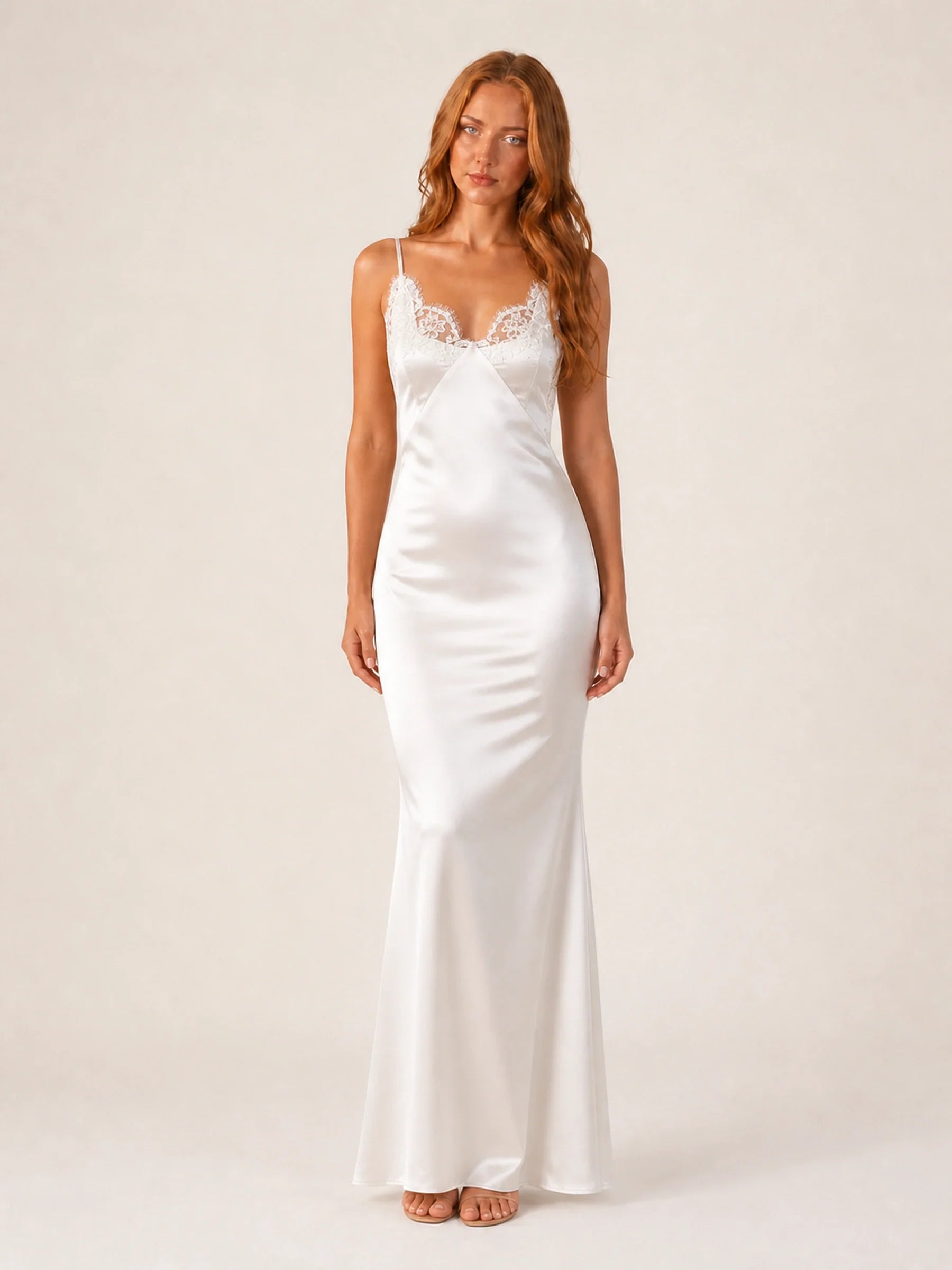 Satin Maxi Dress Celeste Rose - White - front