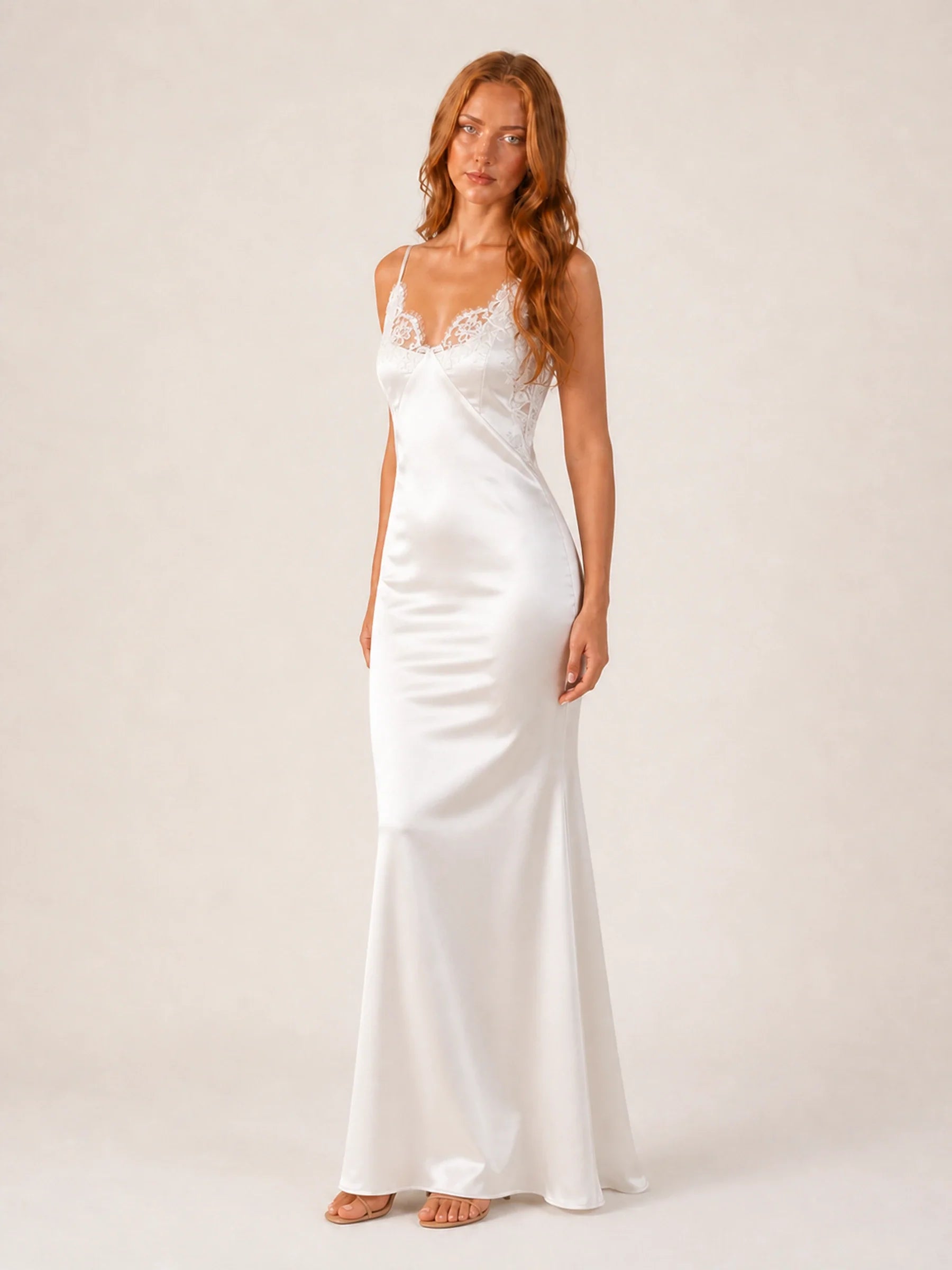 Satin Maxi Dress Celeste Rose - White - three-quarter
