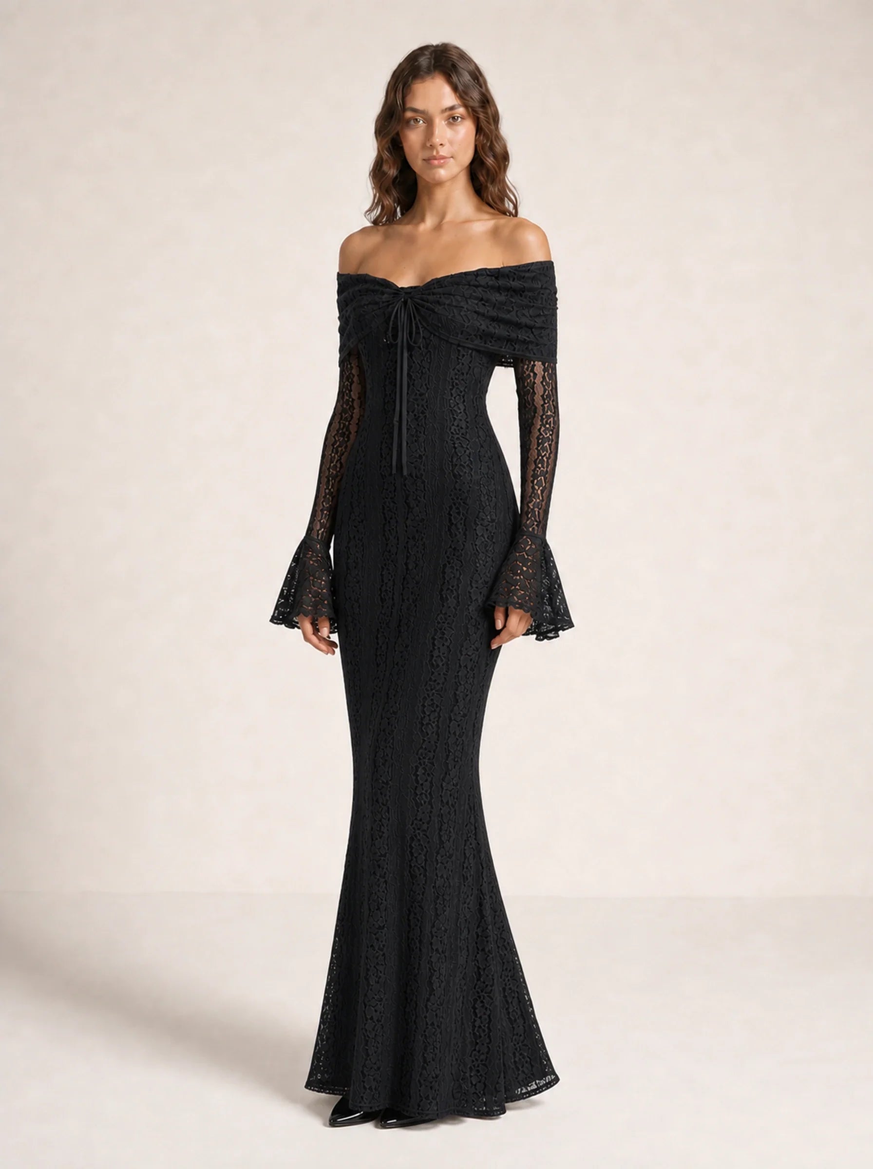 Lace Long Sleeve Gown Seraphina Rose - Black - 03 Three Quarter