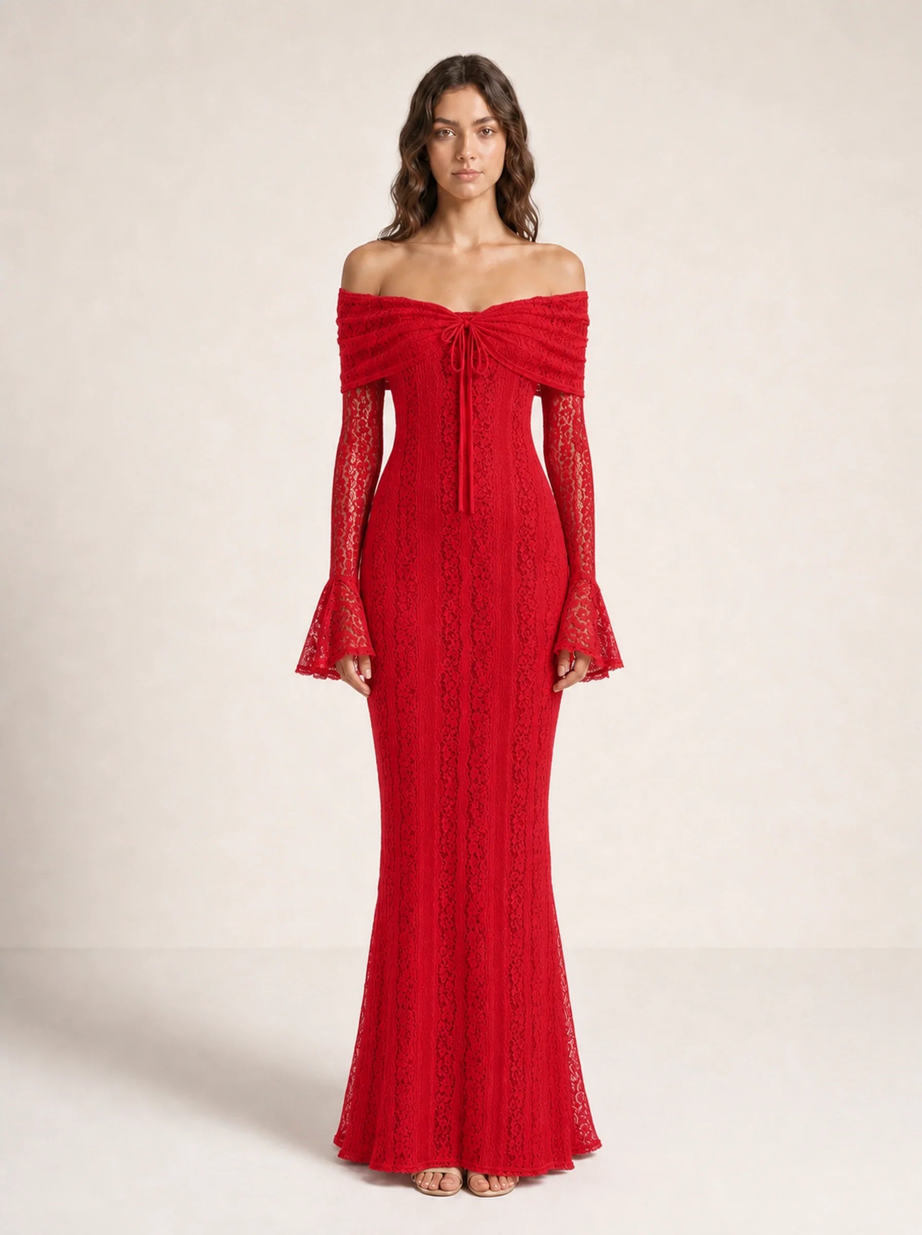 Lace Long Sleeve Gown Seraphina Rose - Red - 01 Front