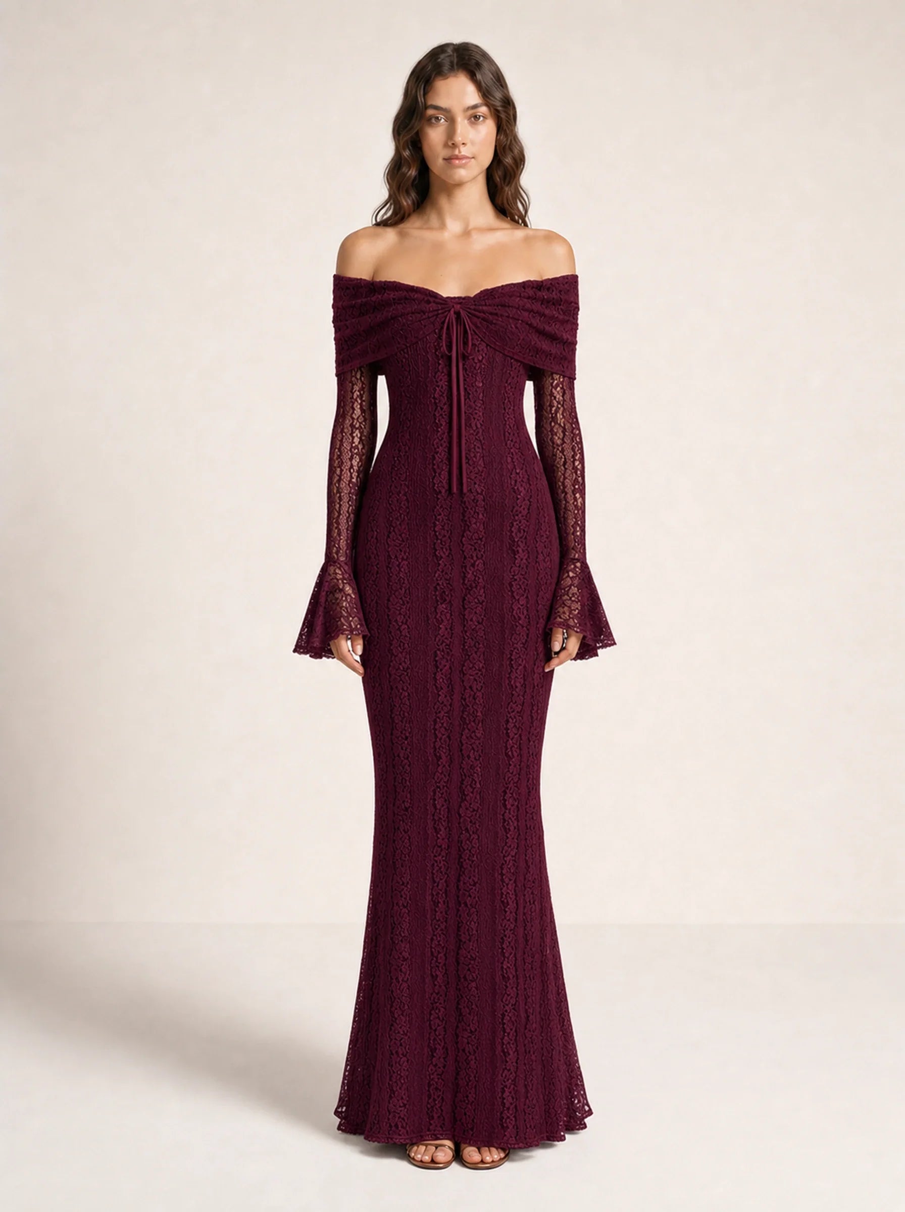 Lace Long Sleeve Gown Seraphina Rose - Red Wine - 01 Front