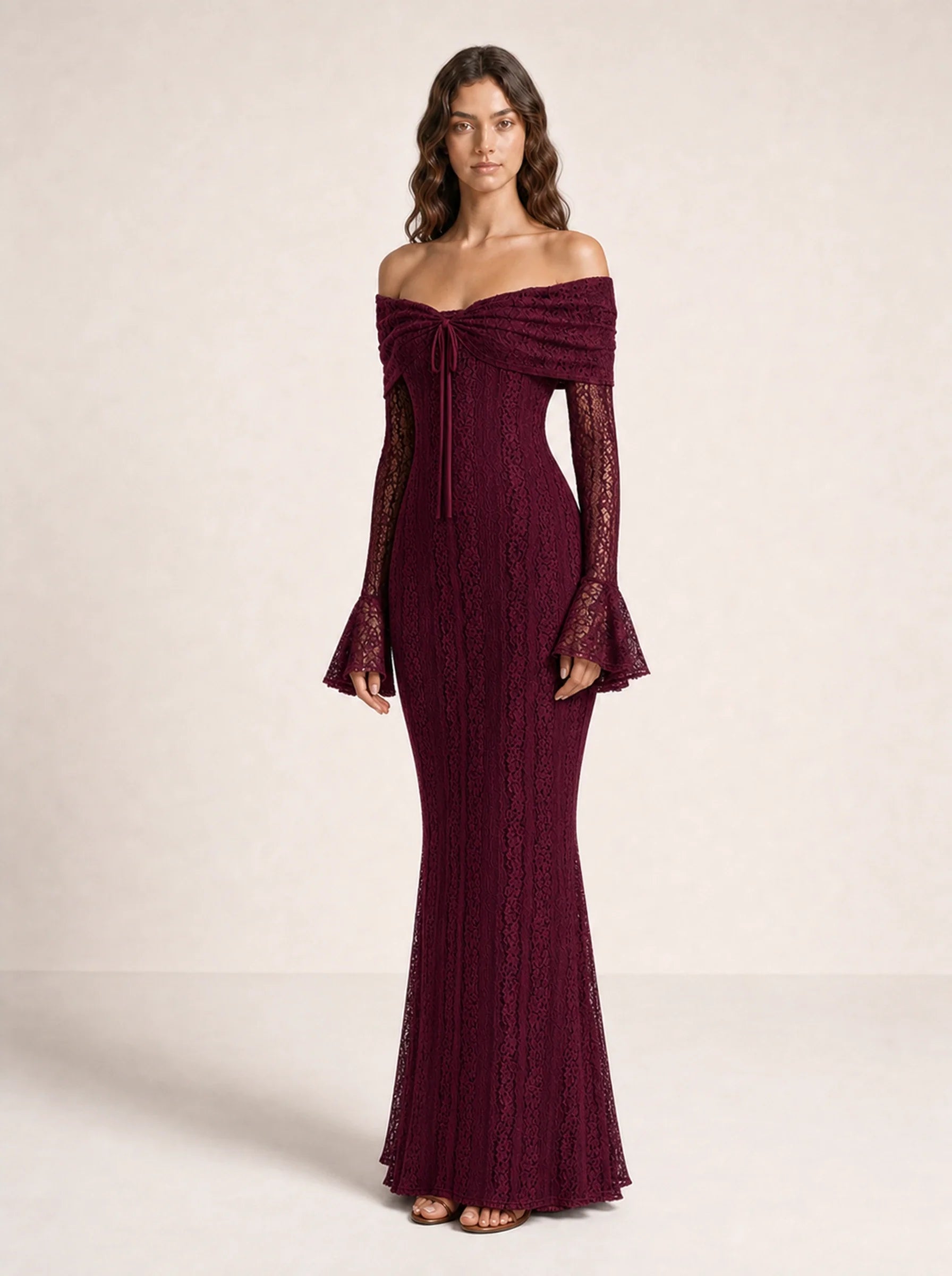 Lace Long Sleeve Gown Seraphina Rose - Red Wine - 03 Three Quarter