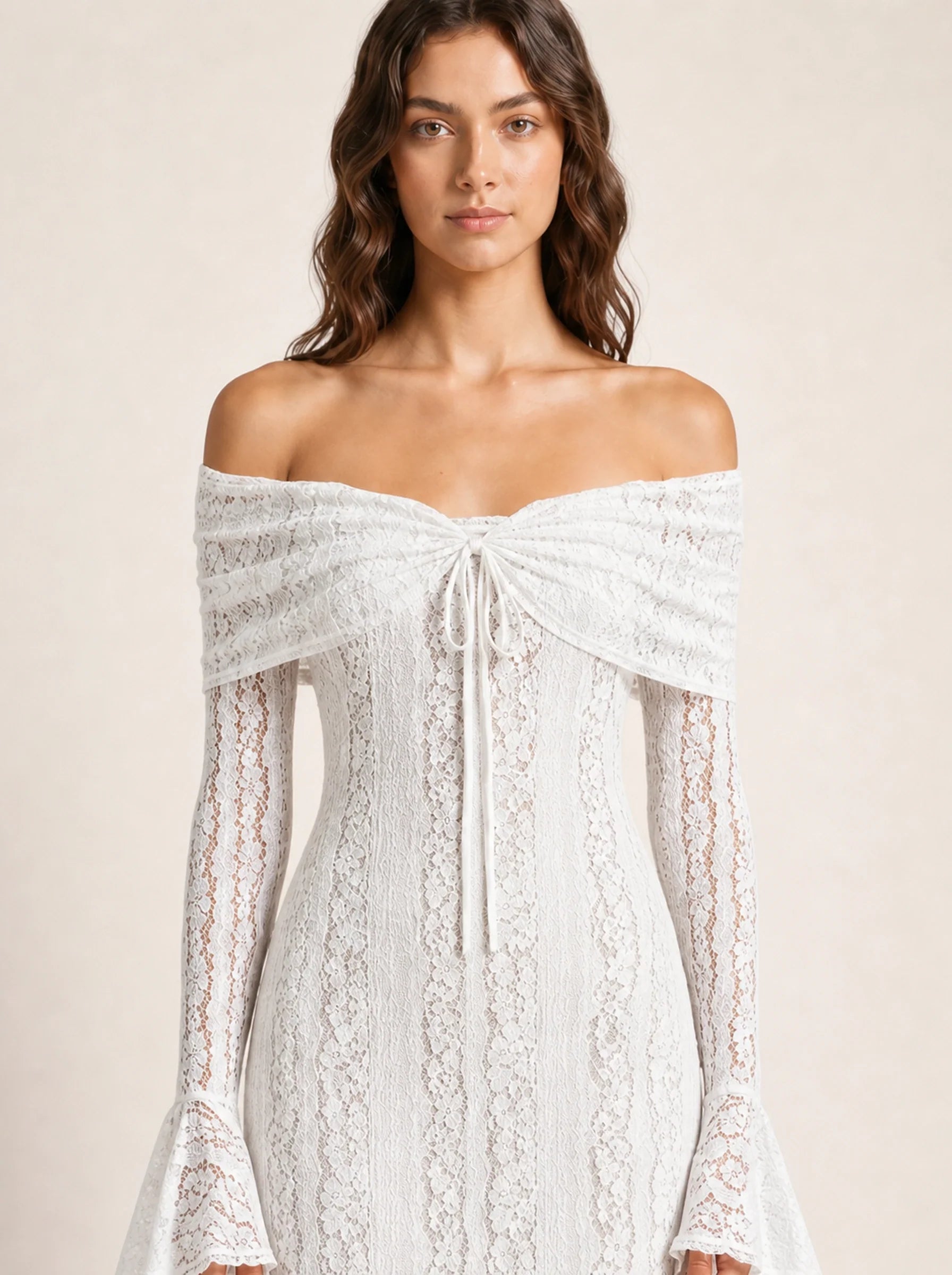 Lace Long Sleeve Gown Seraphina Rose - White - 06 Neckline Close up