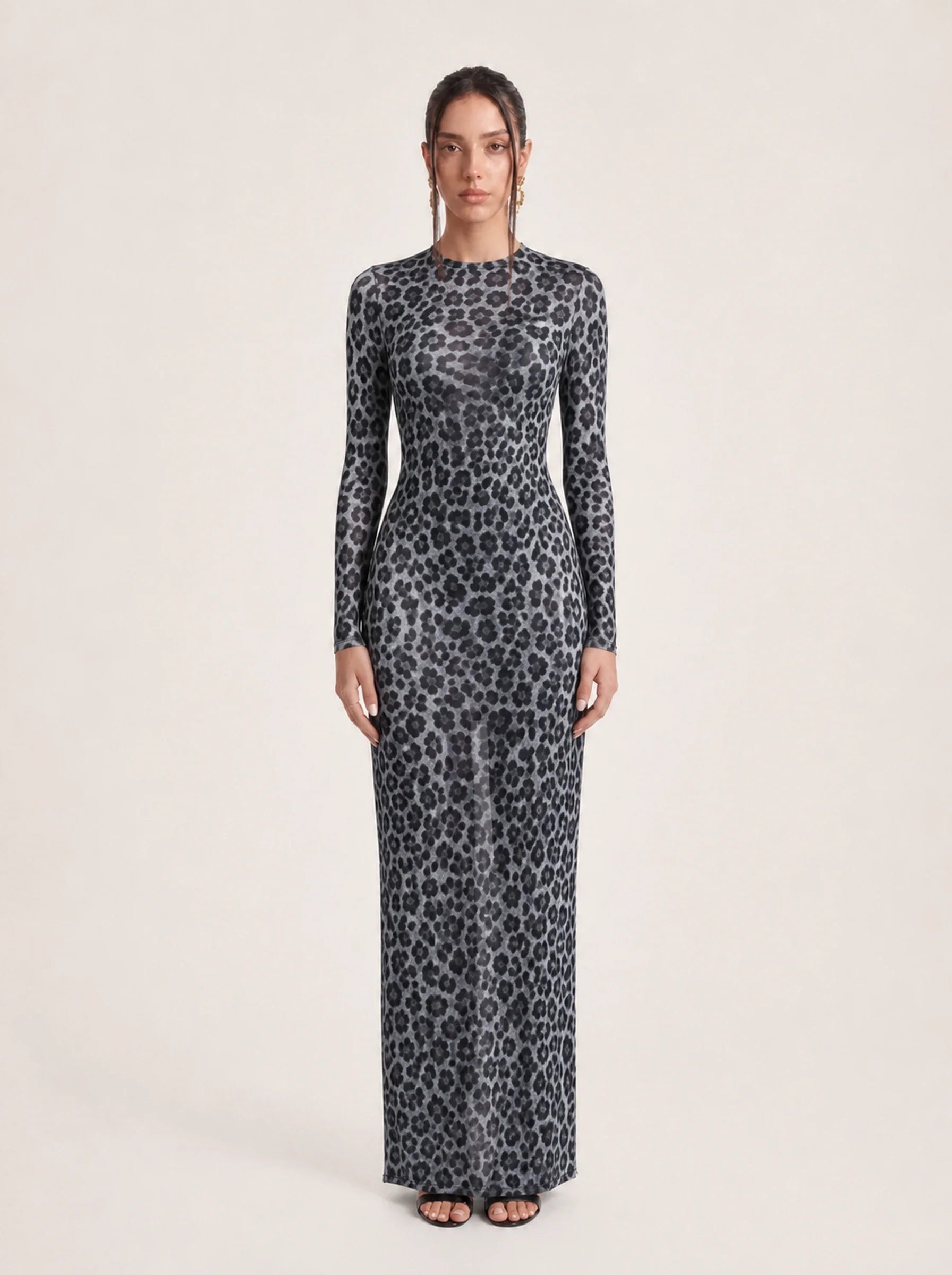 Mesh Leopard Print Maxi Dress Valentina Rose - Black - Front