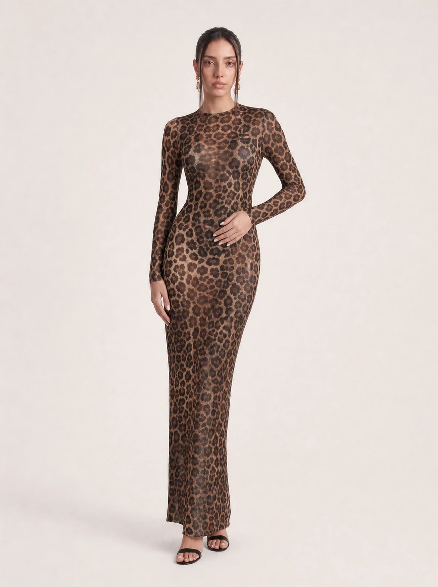 Mesh Leopard Print Maxi Dress Valentina Rose - Leopard - Three Quarter