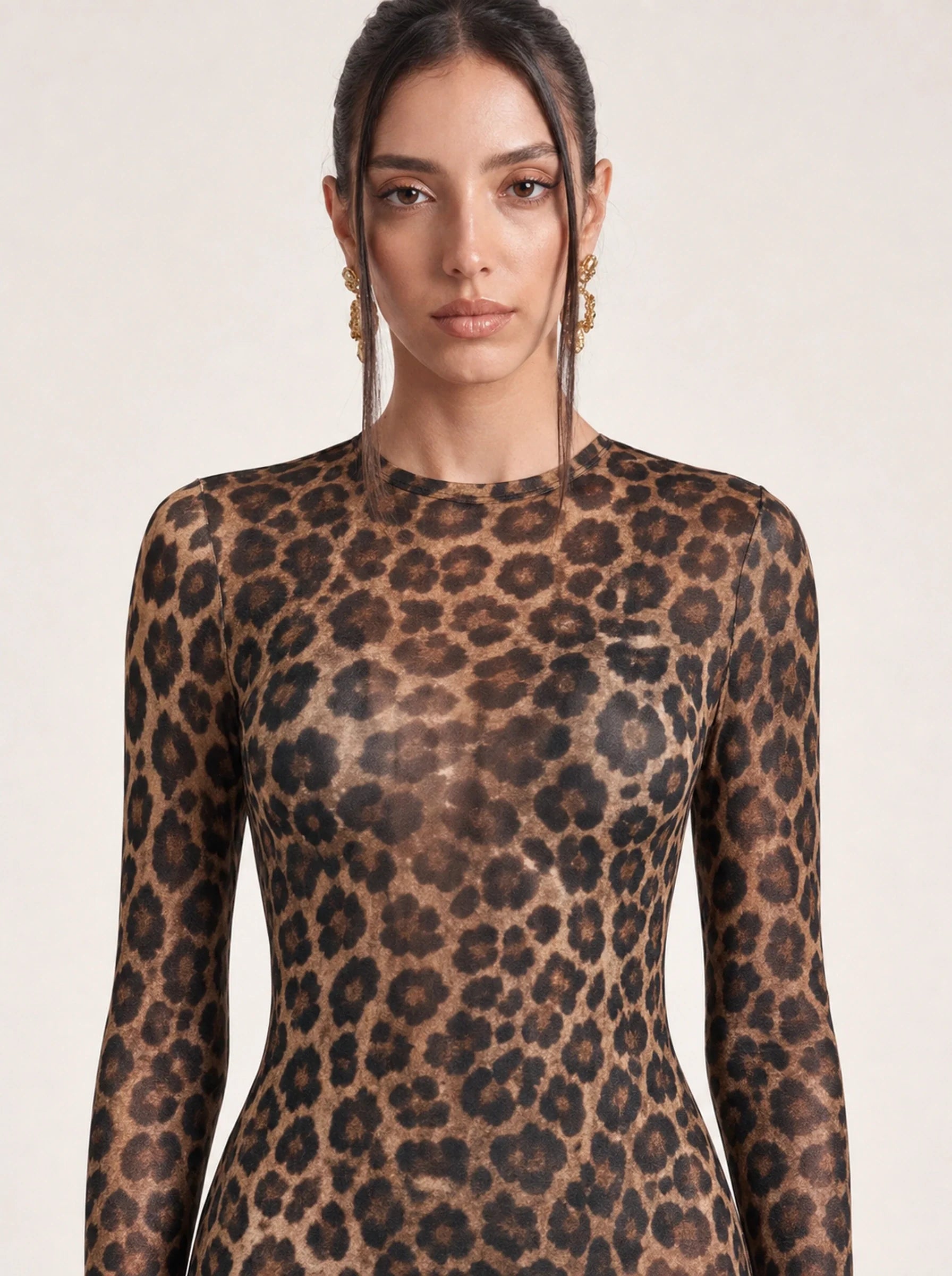 Mesh Leopard Print Maxi Dress Valentina Rose - Leopard - Neckline Close Up